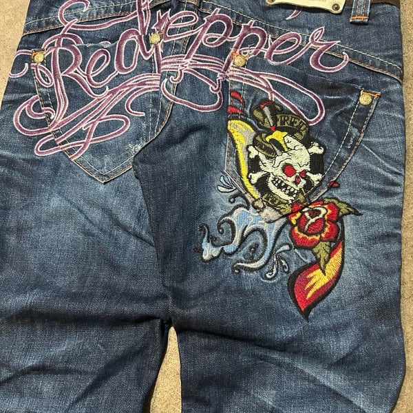 Vintage Embroidered Red Pepper Flared Denim