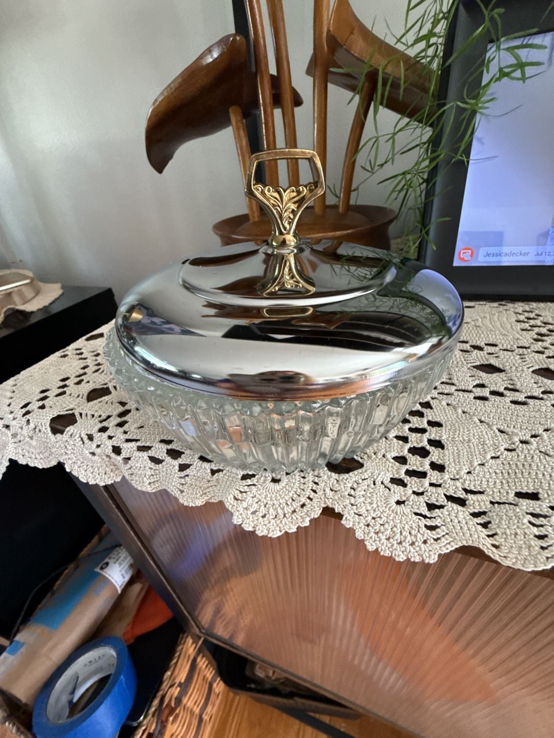 Vintage Kromex Glass Candy Dish With Chrome Lid & Gold Handle 1