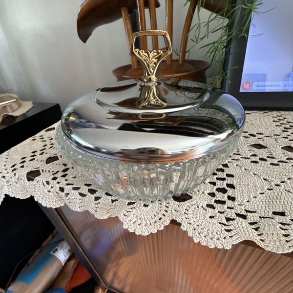 Vintage Kromex Glass Candy Dish With Chrome Lid & Gold Handle