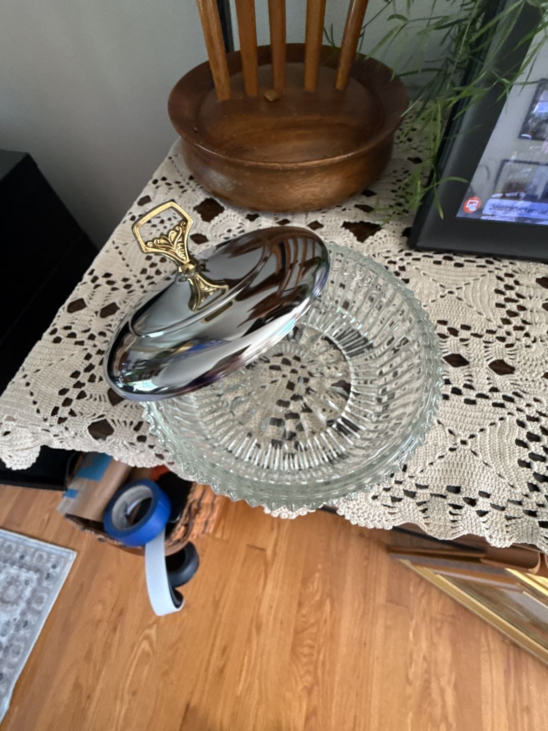 Vintage Kromex Glass Candy Dish With Chrome Lid & Gold Handle 3