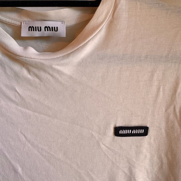 Miu Miu Long Sleeve T-Shirt Size S Beige Jersey Logo Patch