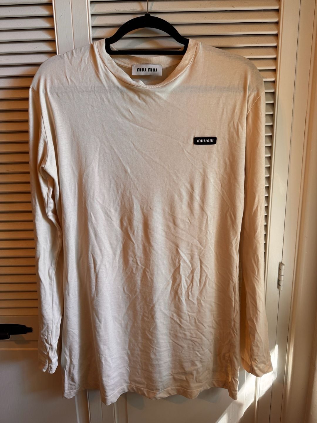 Miu Miu Long Sleeve T-Shirt Size S Beige Jersey Logo Patch 8