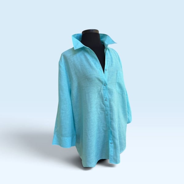Chico’s No-Iron 100% Linen Button-Front Shirt – Size 4 / XXL – Turquoise Blue
