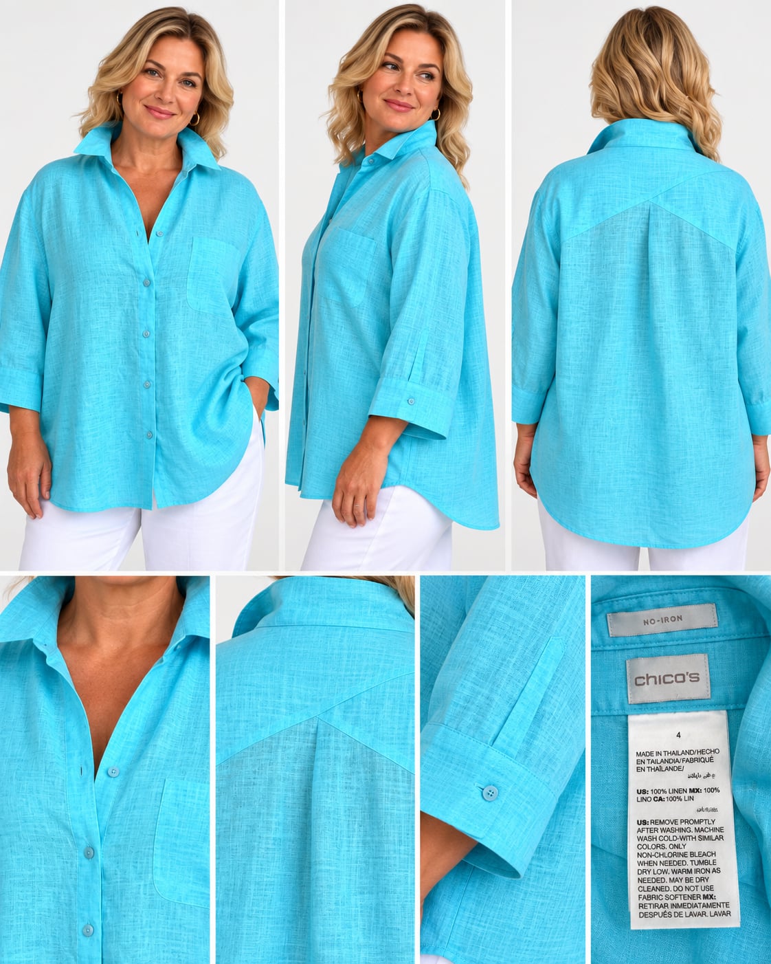 Chico’s No-Iron 100% Linen Button-Front Shirt – Size 4 / XXL – Turquoise Blue 3