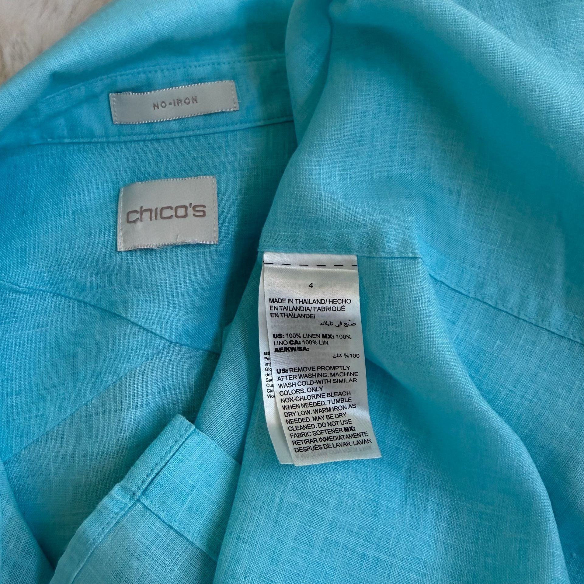 Chico’s No-Iron 100% Linen Button-Front Shirt – Size 4 / XXL – Turquoise Blue 8