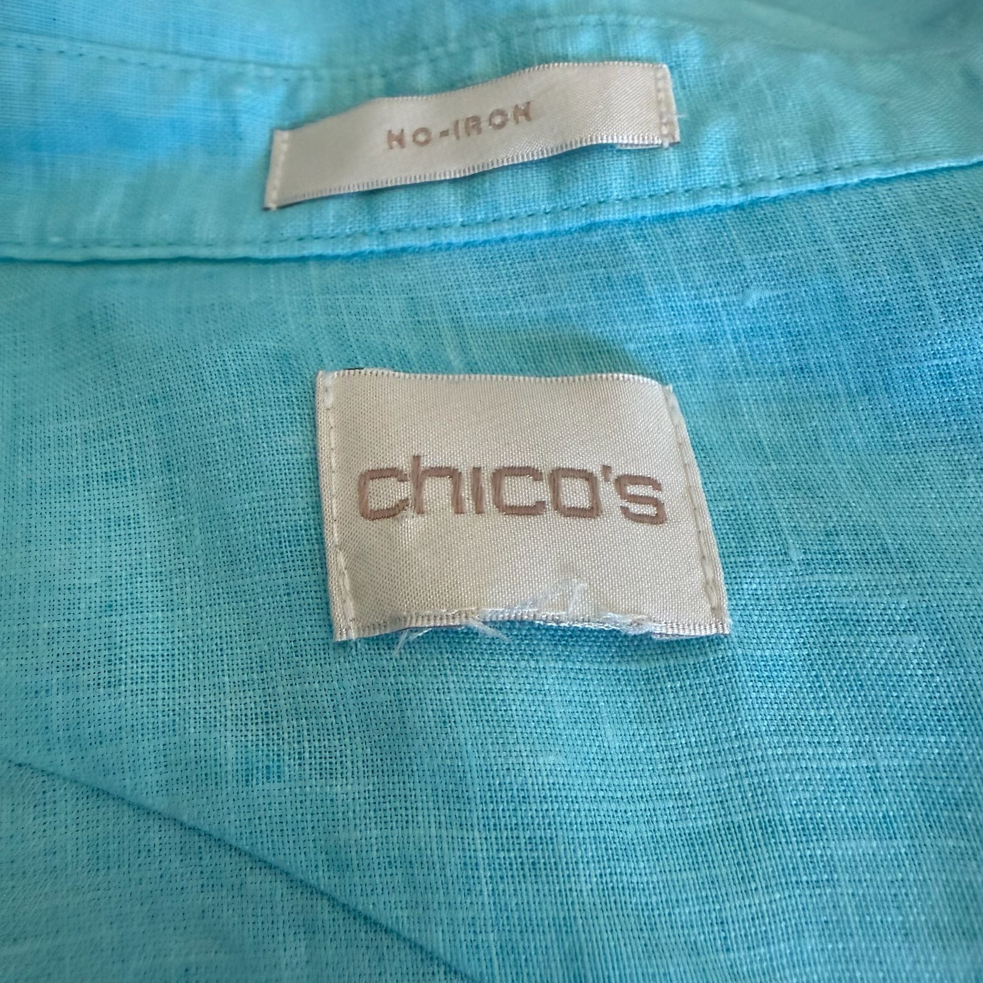 Chico’s No-Iron 100% Linen Button-Front Shirt – Size 4 / XXL – Turquoise Blue 10