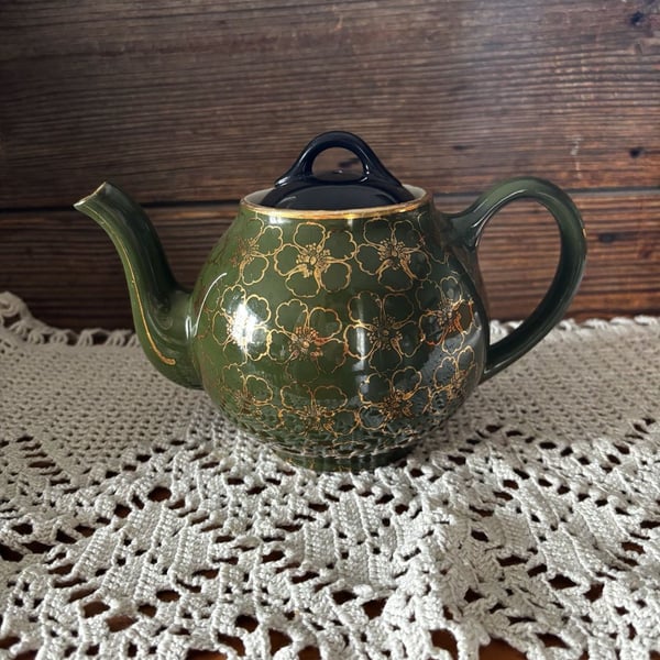 Hall China Green Gold French Flower Teapot 6 Cup