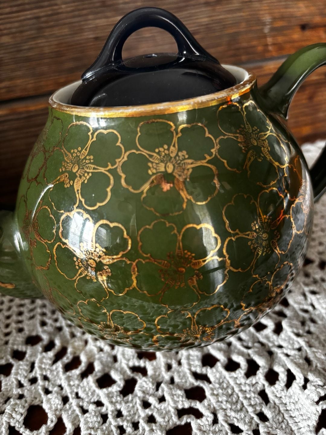 Hall China Green Gold French Flower Teapot 6 Cup 2