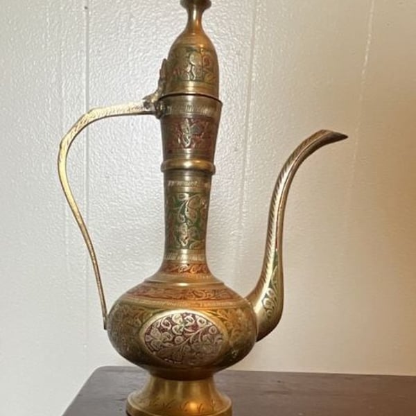 Vintage Brass Oil Jar Dallah Pitcher with Hinged Lid and Enamel Decorations