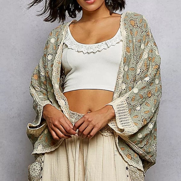 POL Crochet Cardigan One Size Sage Multi Floral Open Front Sweater New