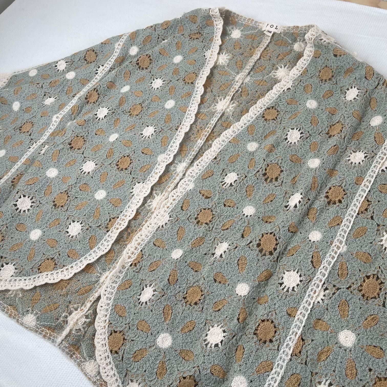 POL Crochet Cardigan One Size Sage Multi Floral Open Front Sweater New 8