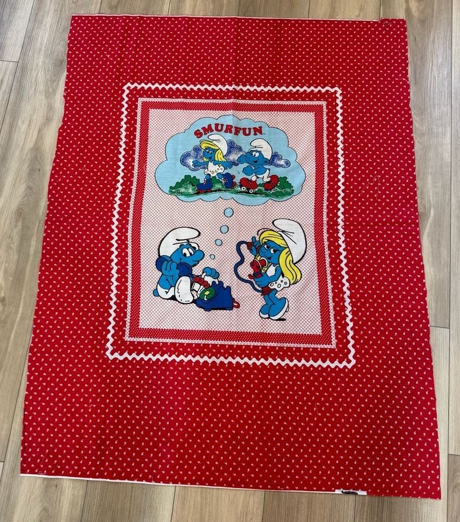 The Smurfs Vintage Smurfun Fabric Panel 1982 Red White Cotton Quilt Panel 2