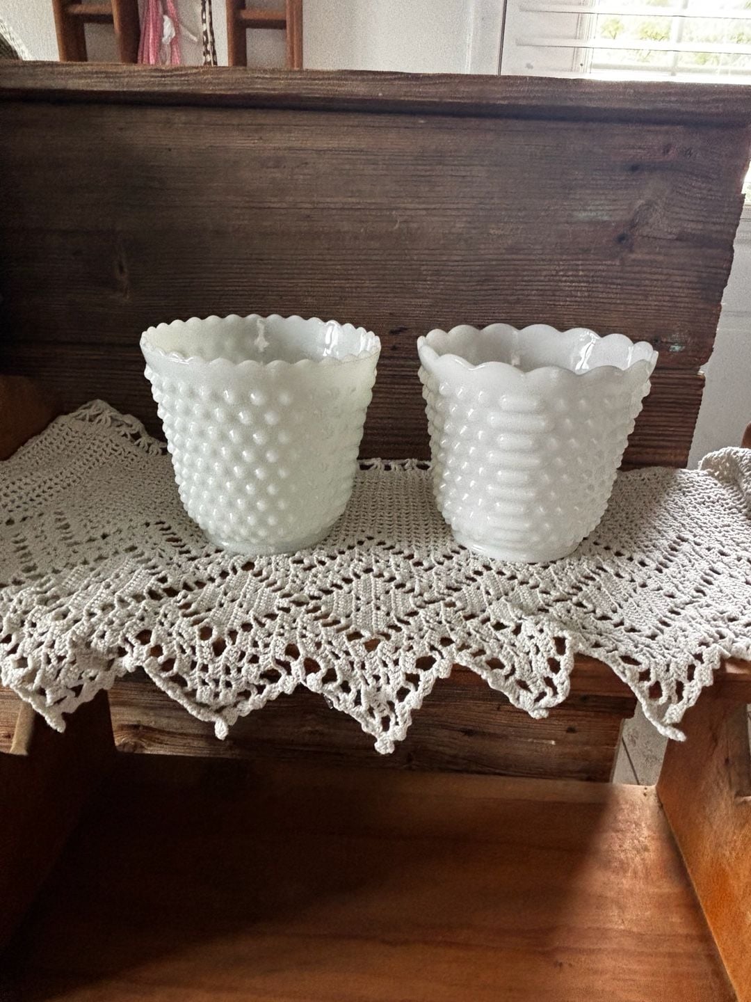 Fire King Hobnail Milk Glass Planter White Scalloped Edge Set of 2 1