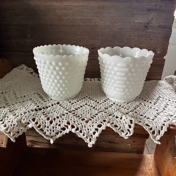 Fire King Hobnail Milk Glass Planter White Scalloped Edge Set of 2