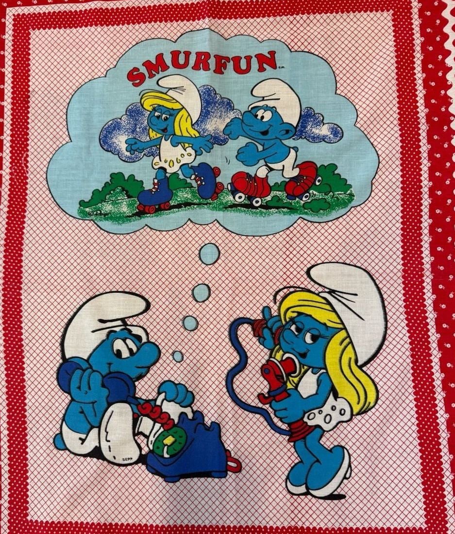 The Smurfs Vintage Smurfun Fabric Panel 1982 Red White Cotton Quilt Panel 1