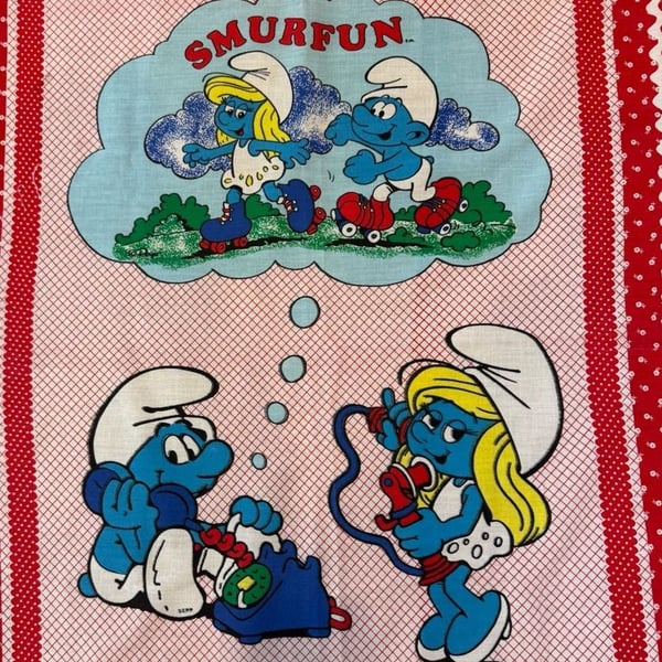 The Smurfs Vintage Smurfun Fabric Panel 1982 Red White Cotton Quilt Panel