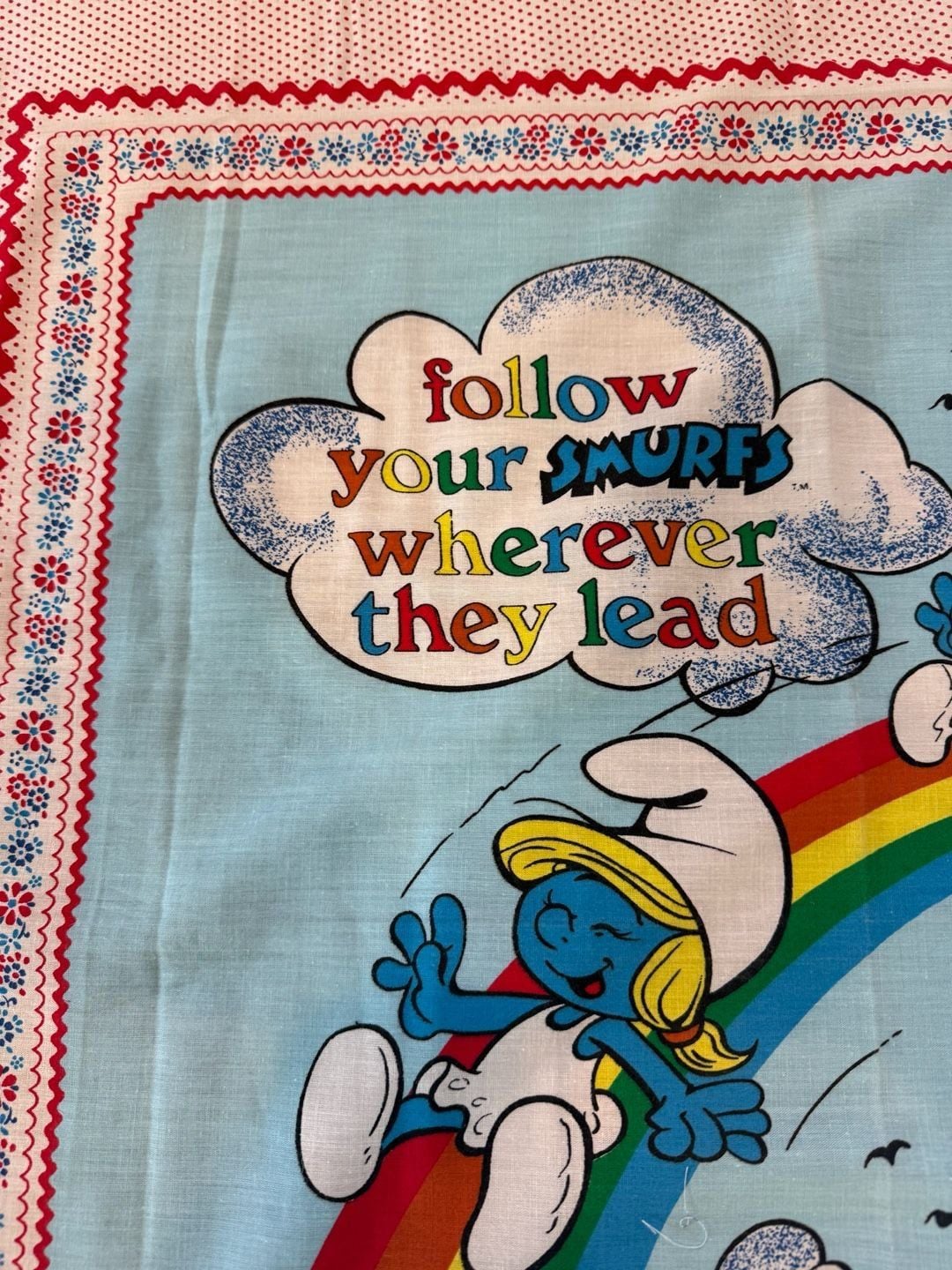 Vintage Smurfs Quilt Panel Follow Your Smurfs Rainbow Peyo Fabric 1