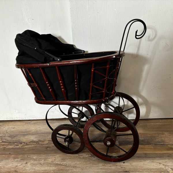 Vintage Wooden Doll Carriage with Wicker and Metal Wheels