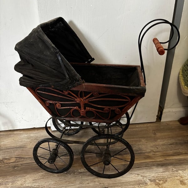 Antique Doll Carriage Wooden Wicker Stroller Pram Display Piece