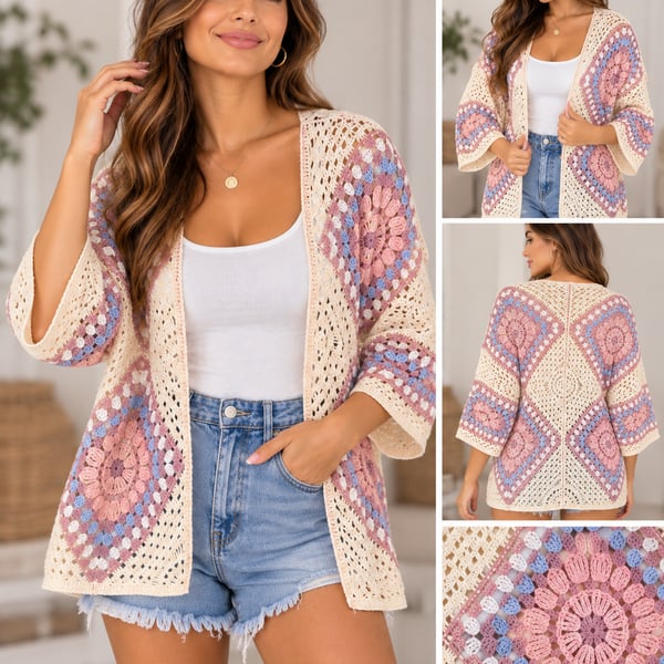 POL Sunday Porch Boho Crochet Cardigan Size ONE Pink White New