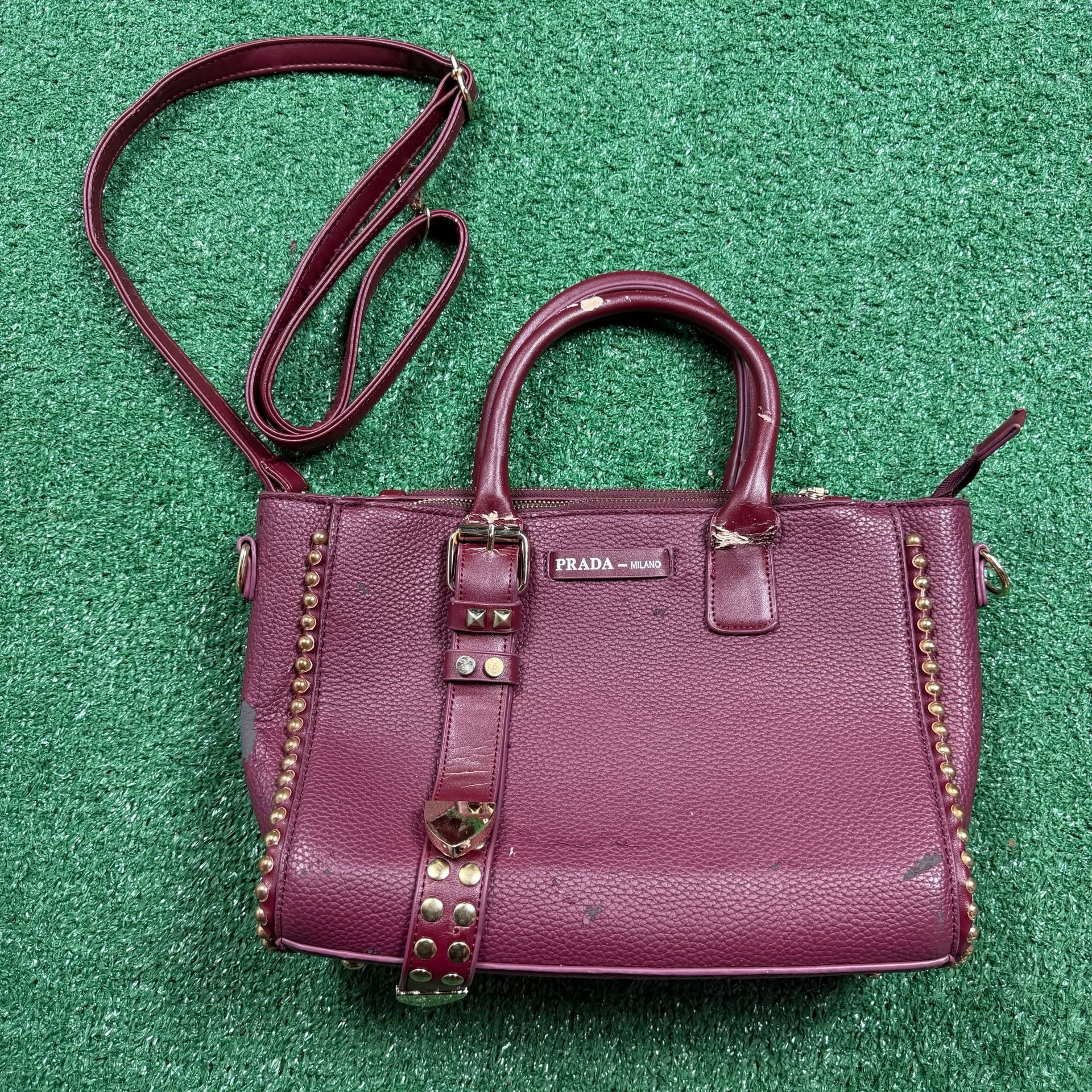 Prada Studded Satchel Burgundy Leather Crossbody Bag 2