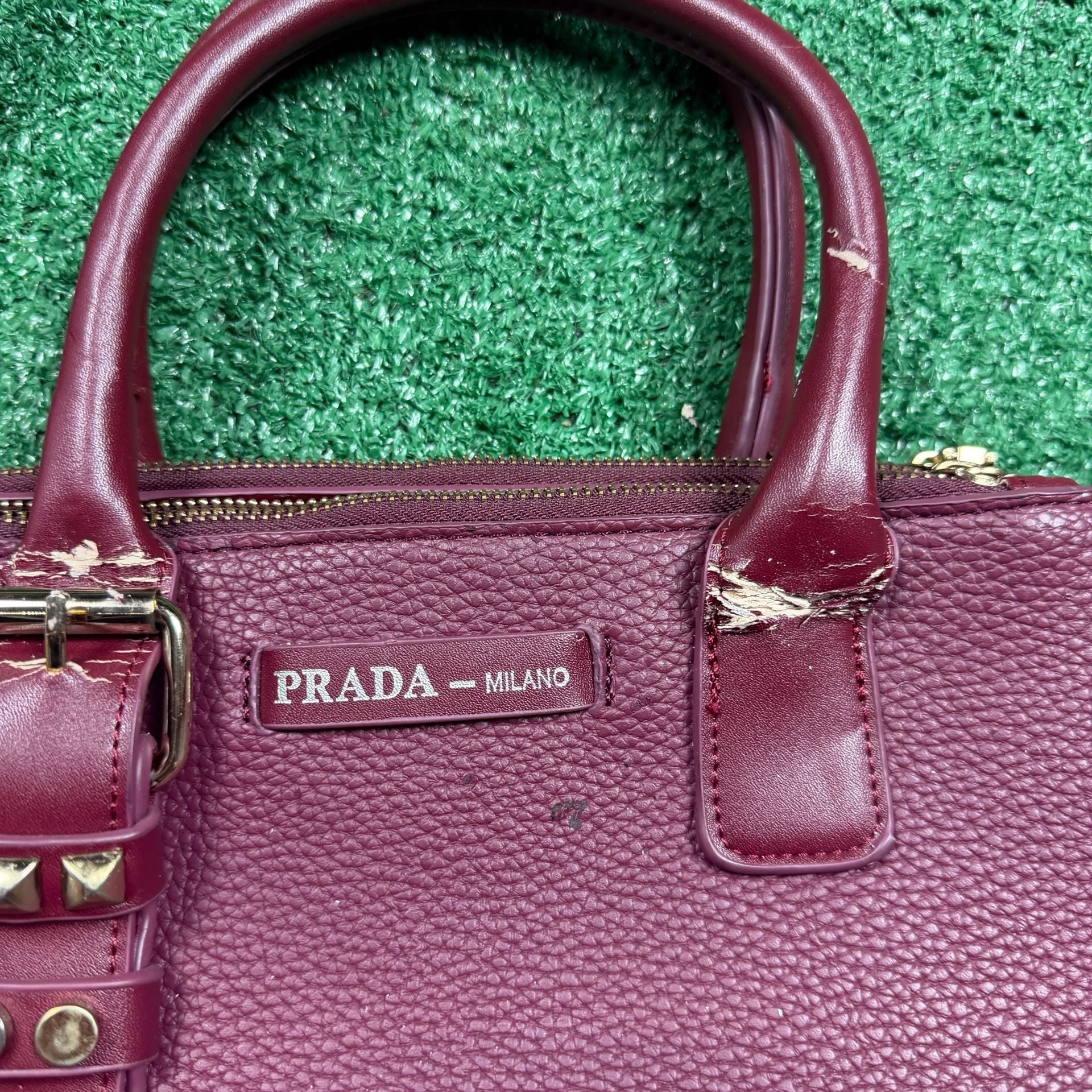 Prada Studded Satchel Burgundy Leather Crossbody Bag 3