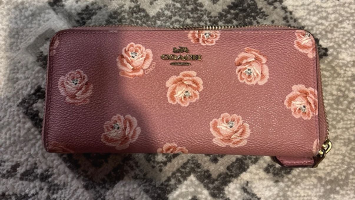 Coach Accordion Zip Around Wallet Rose Floral Print Pink Leather 2