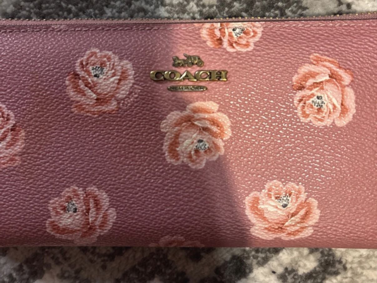 Coach Accordion Zip Around Wallet Rose Floral Print Pink Leather 3