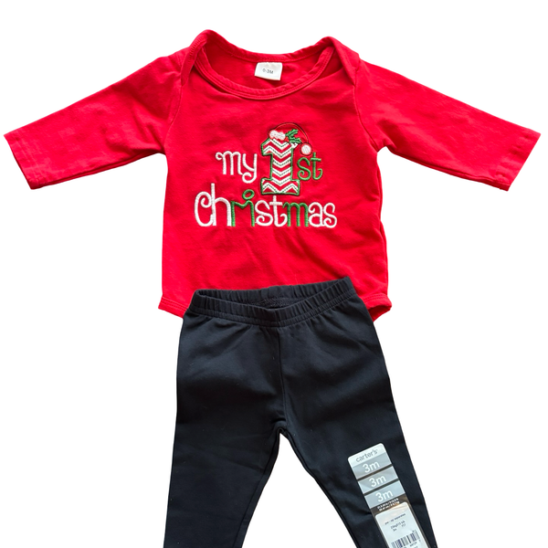 Carter's My 1st Christmas Outfit Size 3M Red Bodysuit Black Pants