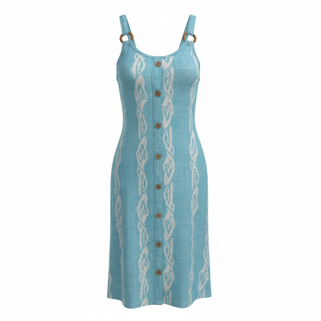 Blue and White Coastal Print Sleeveless Button-Front Midi Dress with Wooden Rings 2