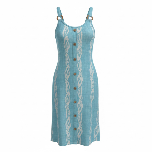 Blue and White Coastal Print Sleeveless Button-Front Midi Dress with Wooden Rings