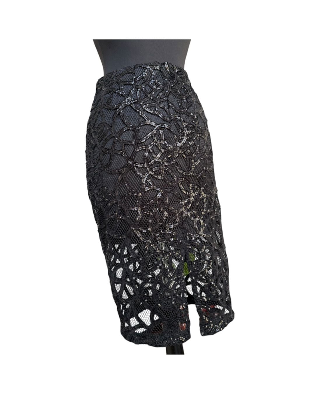 Express Sequin Swirl Midi Skirt Size 6 Black Crochet Lace Pencil 7