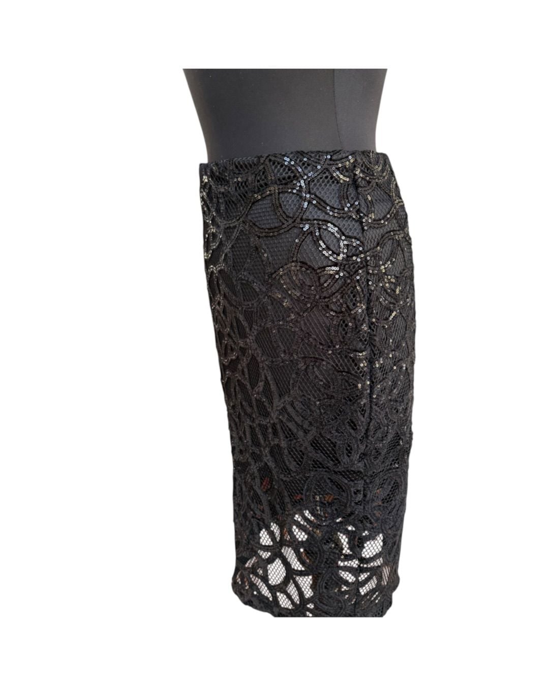 Express Sequin Swirl Midi Skirt Size 6 Black Crochet Lace Pencil 10