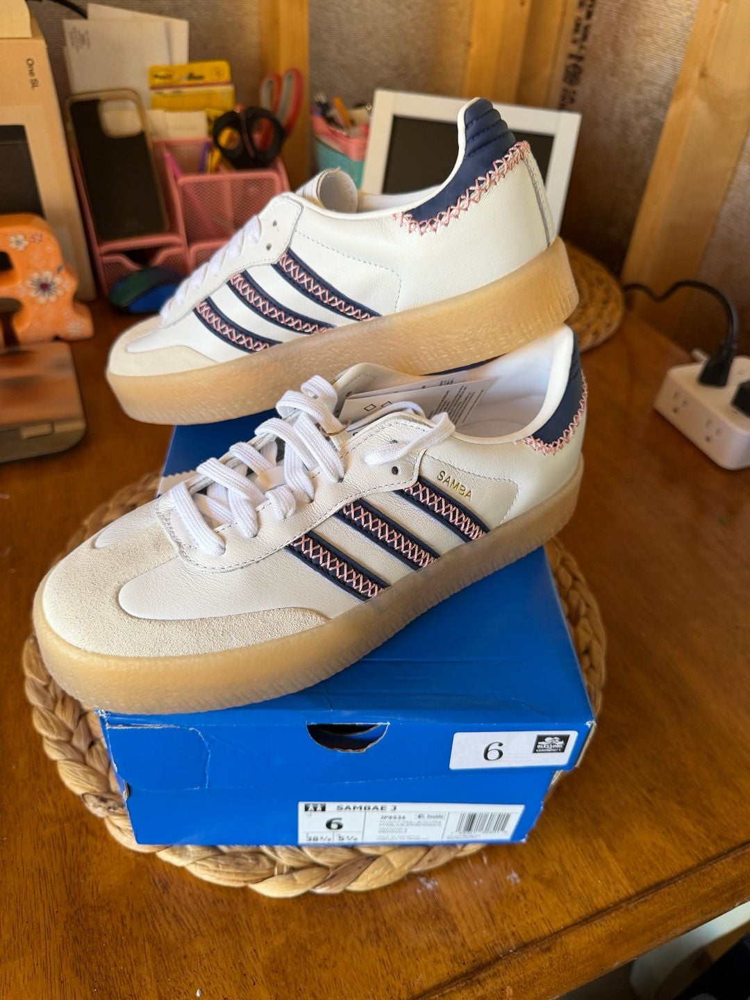 Adidas Sambae J Size 6 White Dark Blue Pink Gum Platform Sneakers 2