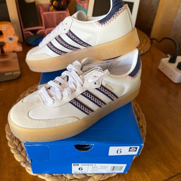 Adidas Sambae J Size 6 White Dark Blue Pink Gum Platform Sneakers