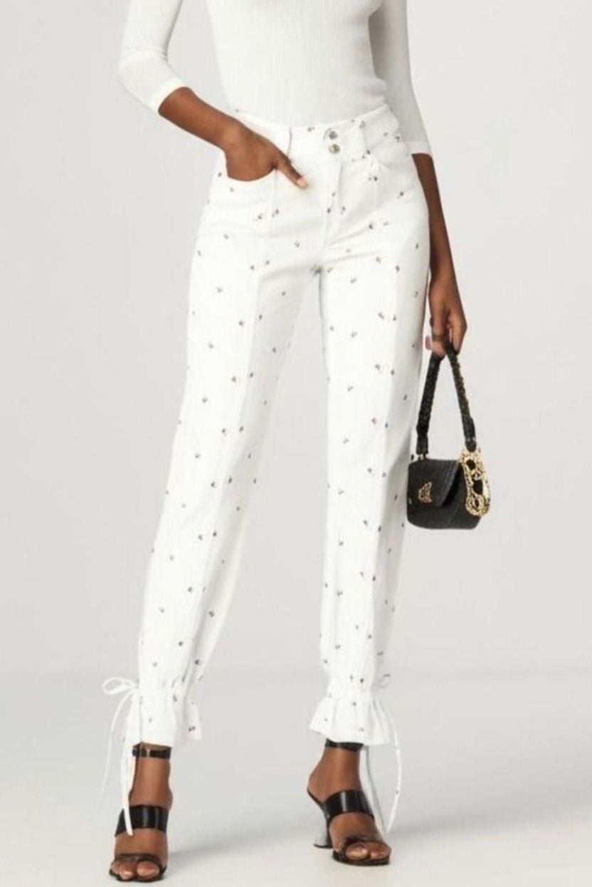 Something Navy Sylvia Denim Pants with Floral Embroidery and Tie Cuffs 2