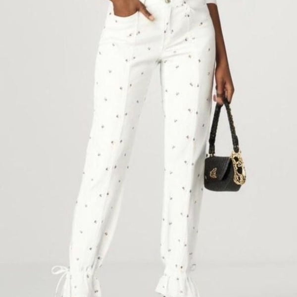 Something Navy Sylvia Denim Pants with Floral Embroidery and Tie Cuffs
