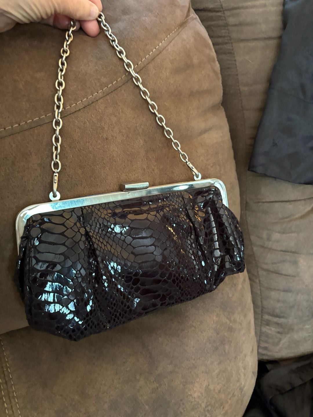 Unlisted Snake Print Clutch Handbag Brown Kiss Lock Chain Strap 2
