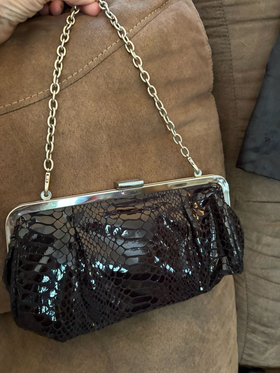 Unlisted Snake Print Clutch Handbag Brown Kiss Lock Chain Strap 3