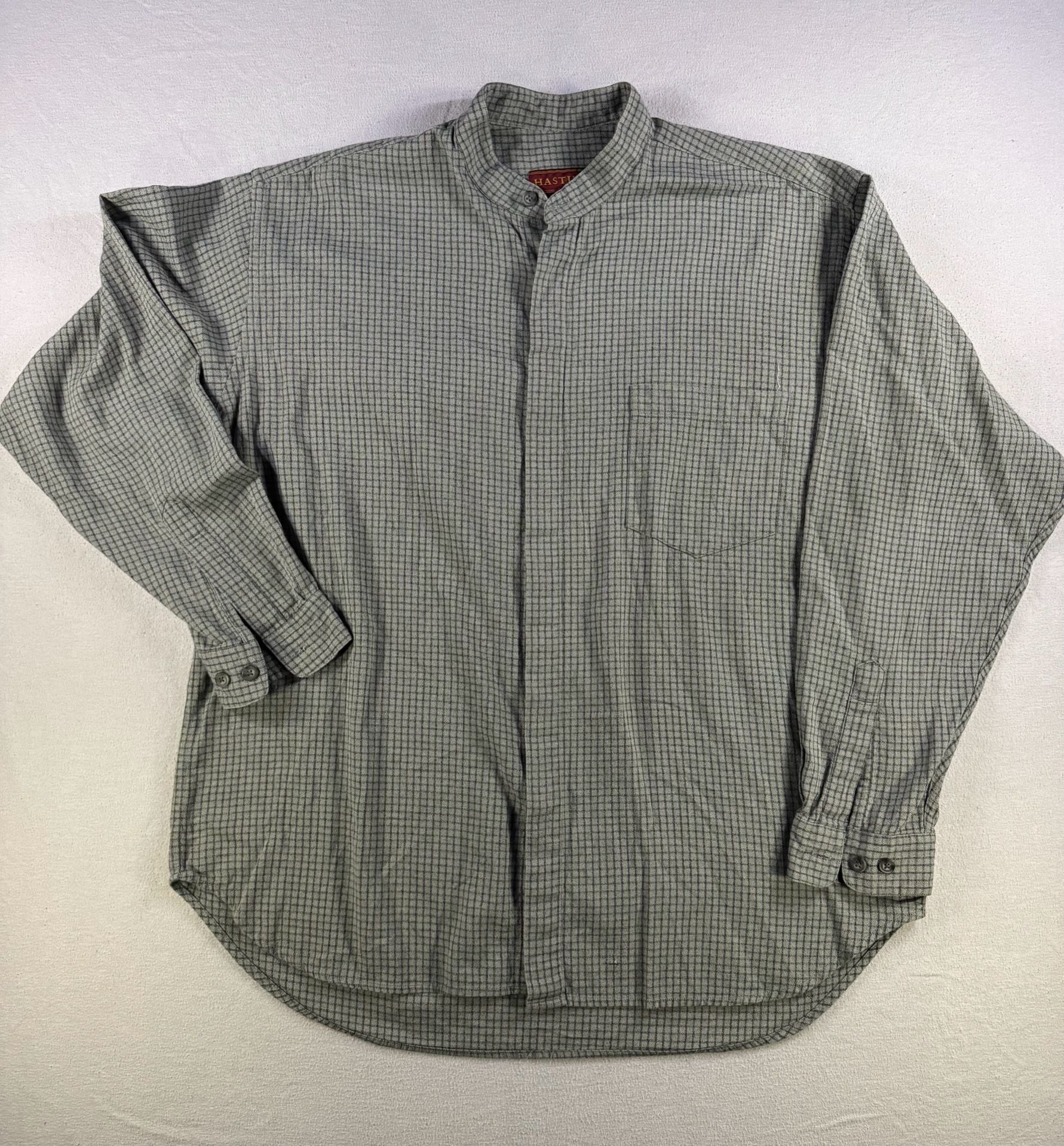 Hastings Long Sleeve Plaid Band Collar Shirt Size L Green 2