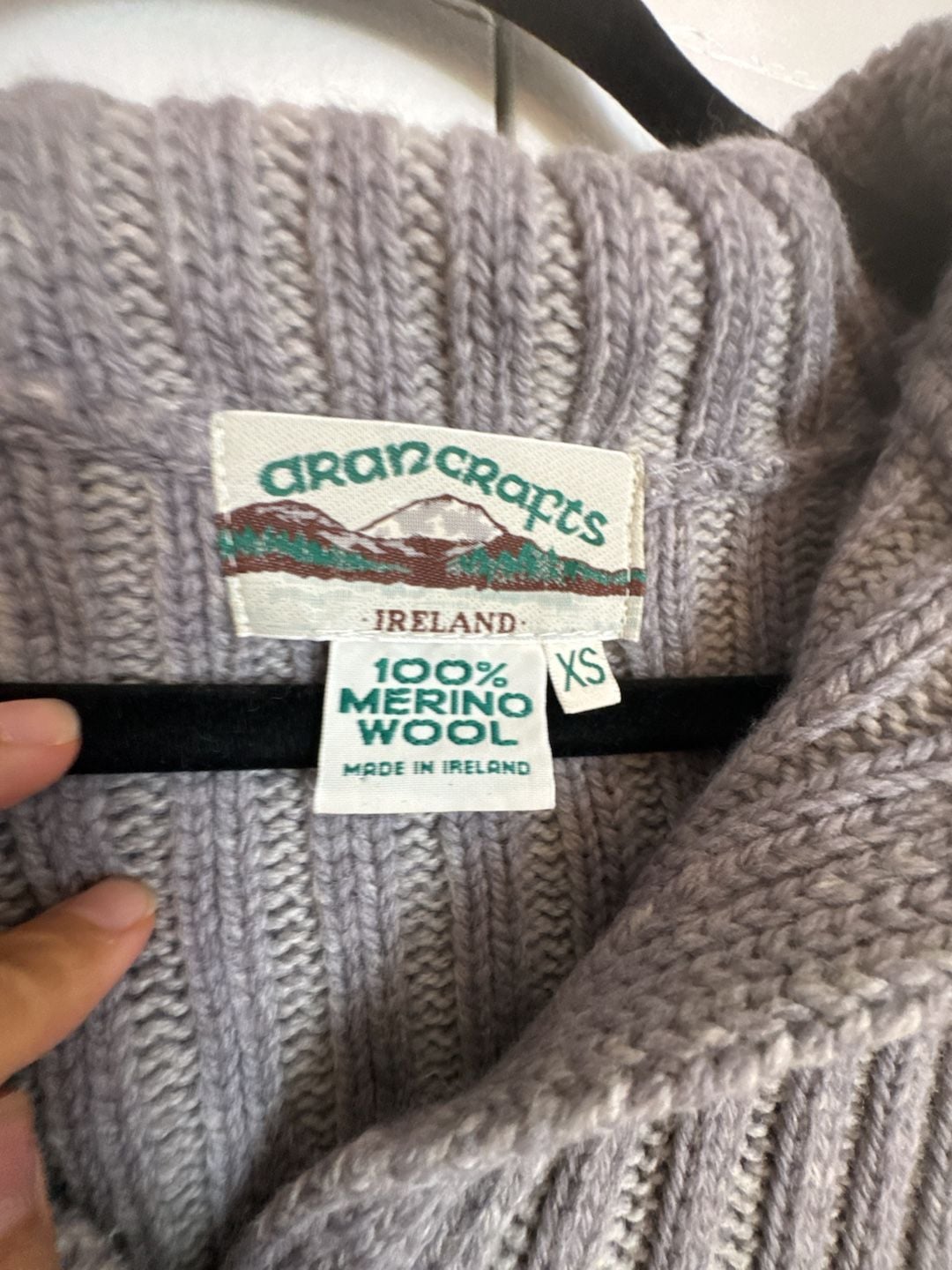 Aran Crafts Cardigan 100% Merino Wool Chunky Size XS Lavender Gray Cable Knit Long Hooded Sweater 4