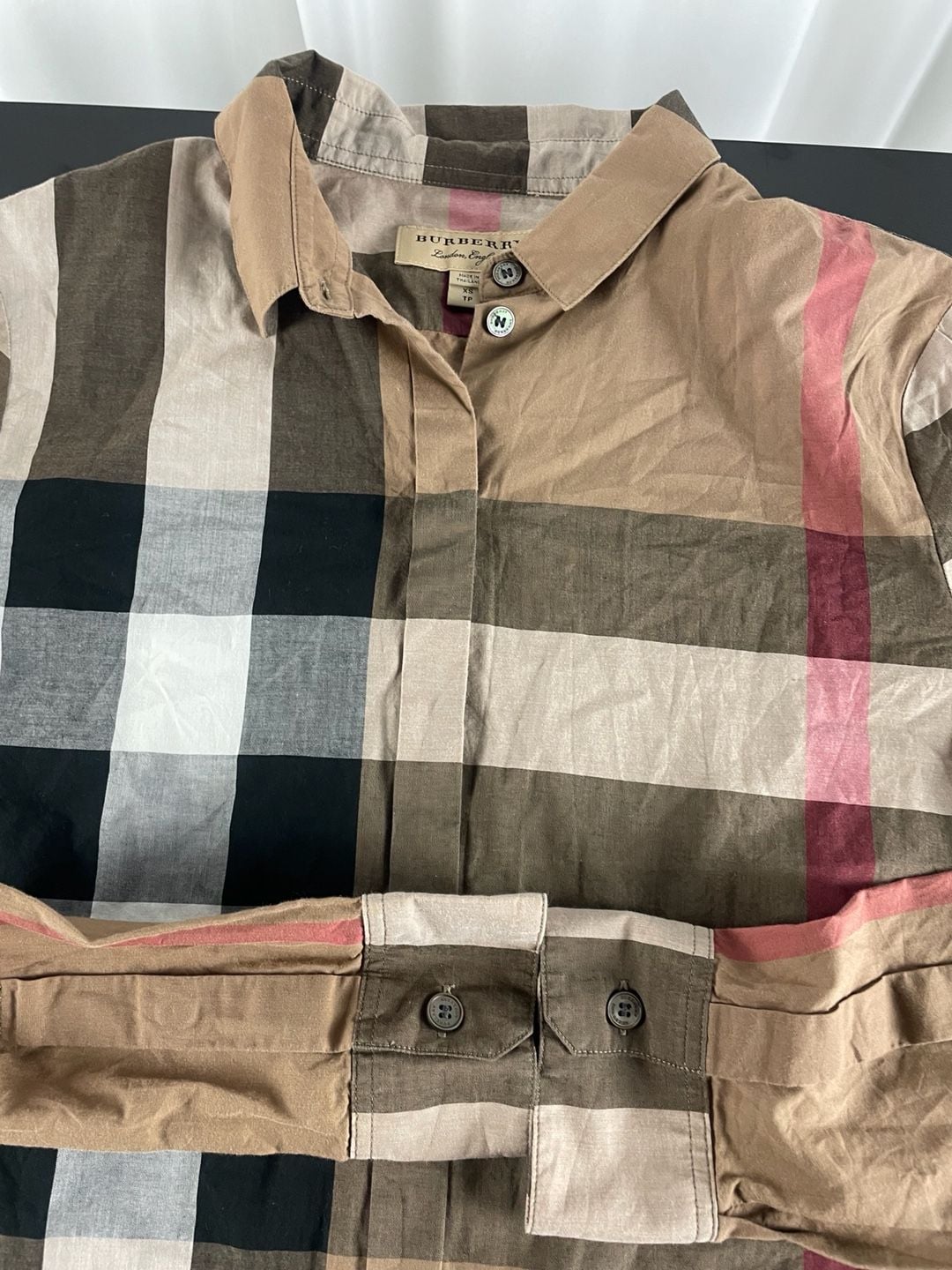 Burberry Plaid Long Sleeve Button-Up Shirt Size XS Beige Cotton 2