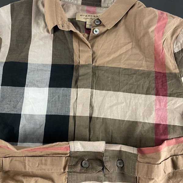 Burberry Plaid Long Sleeve Button-Up Shirt Size XS Beige Cotton