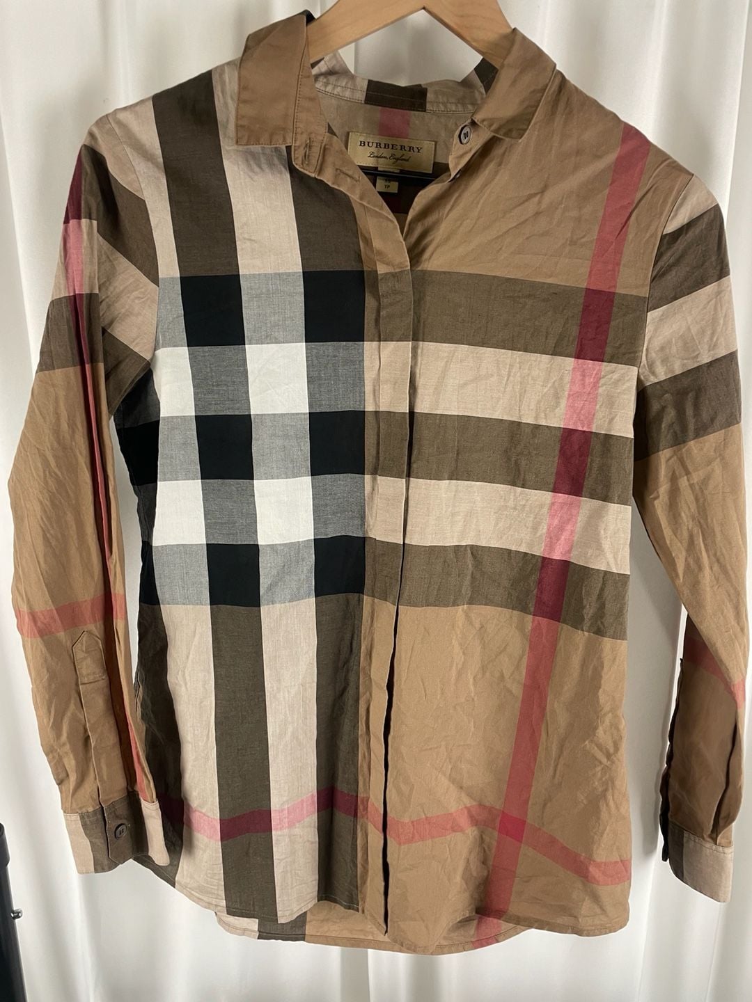Burberry Plaid Long Sleeve Button-Up Shirt Size XS Beige Cotton 3