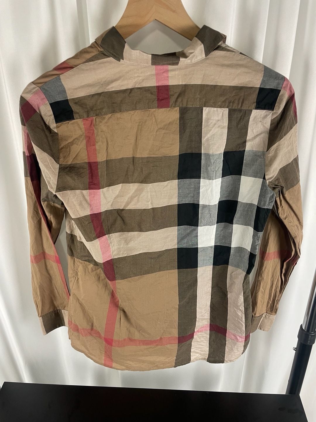 Burberry Plaid Long Sleeve Button-Up Shirt Size XS Beige Cotton 7