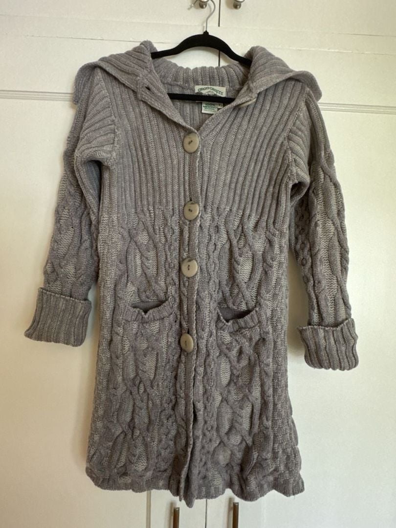 Aran Crafts Cardigan 100% Merino Wool Chunky Size XS Lavender Gray Cable Knit Long Hooded Sweater 2