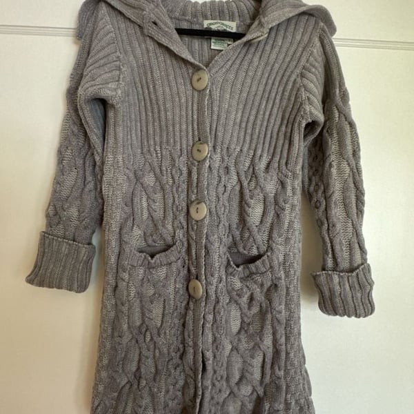 Aran Crafts Cardigan 100% Merino Wool Chunky Size XS Lavender Gray Cable Knit Long Hooded Sweater