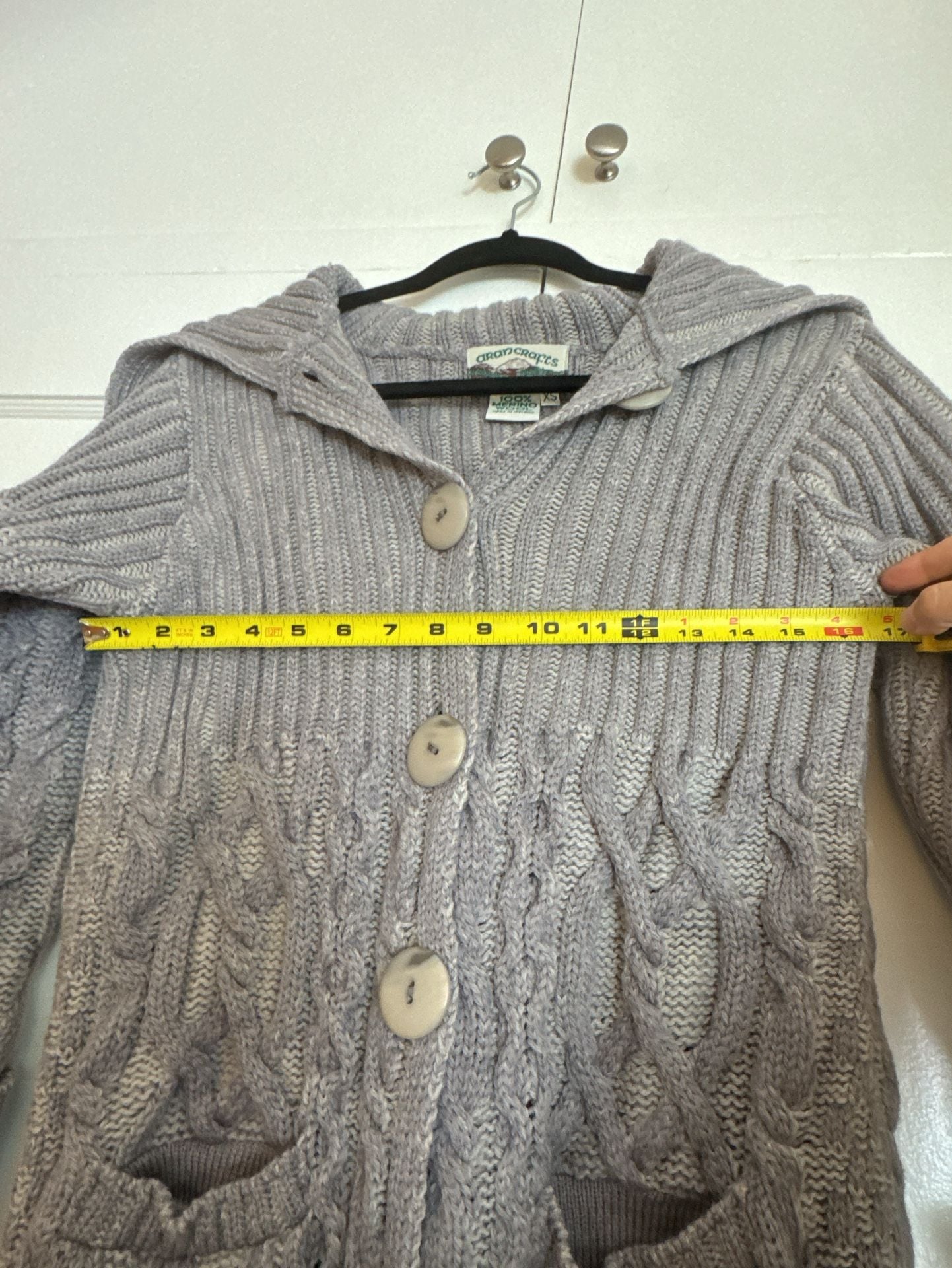 Aran Crafts Cardigan 100% Merino Wool Chunky Size XS Lavender Gray Cable Knit Long Hooded Sweater 6