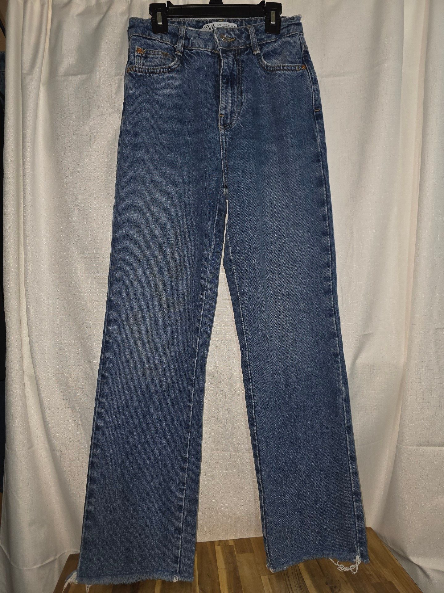 ZARA Straight Leg Jeans Size 2 Blue Raw Hem High Rise Denim 2