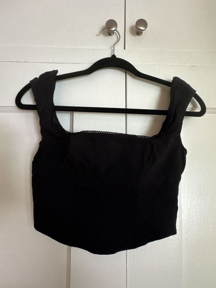 Corset Crop Top Size S Black Lace Trim Square Neck Tank Whimsigoth Vampire Goth Dark Romantic 2